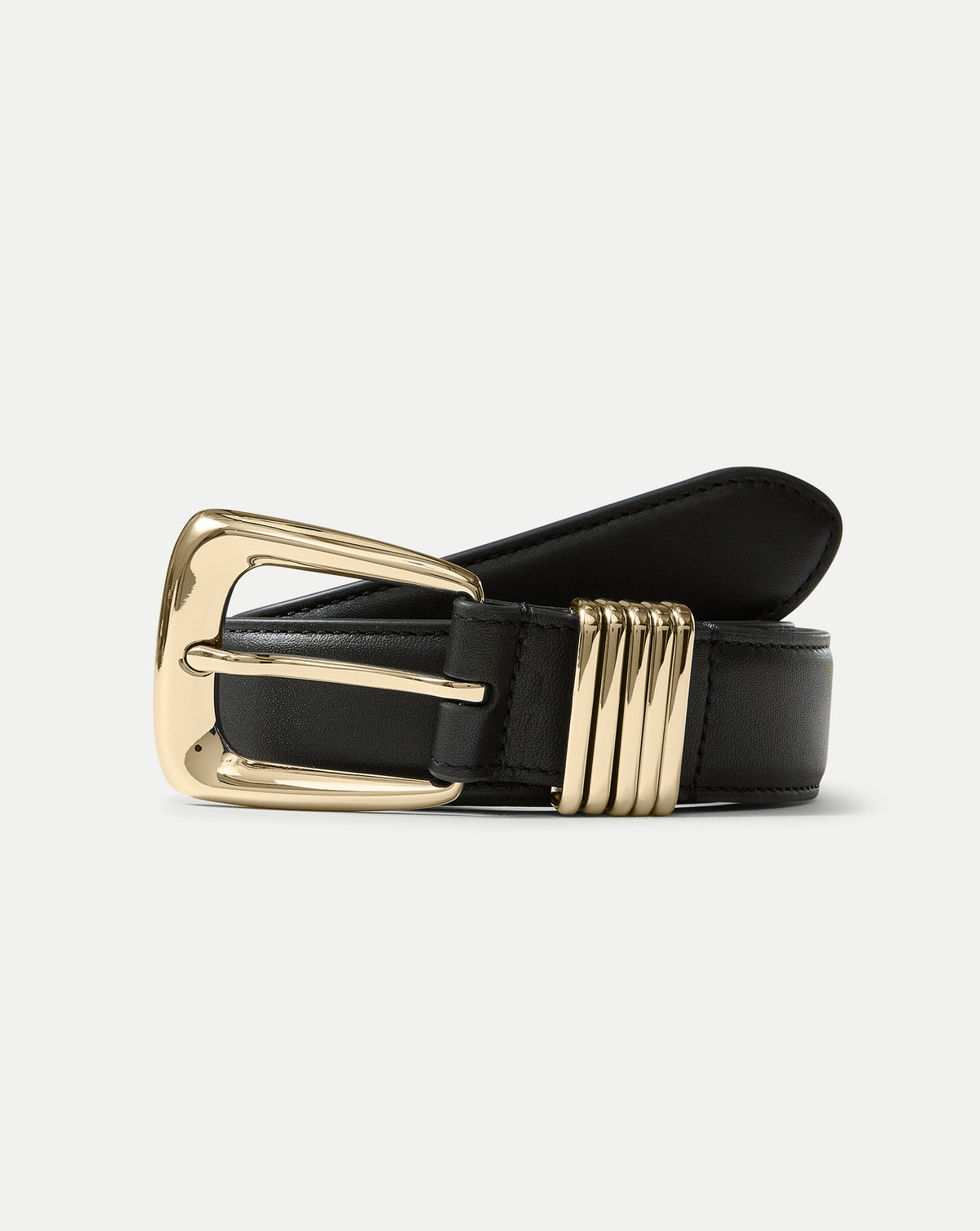Veronica Beard Black leather belt with gold buckle and loops.