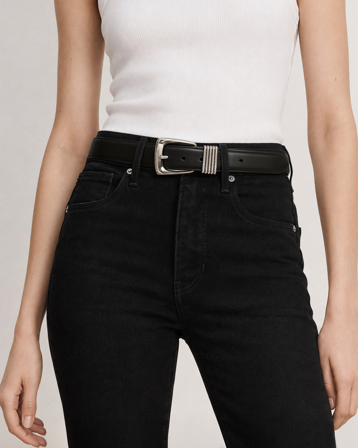 Veronica Beard Black leather belt with silver buckle.