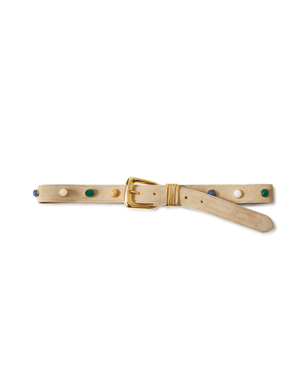 Veronica Beard Beige suede belt with a gold buckle and colorful stud embellishments.
