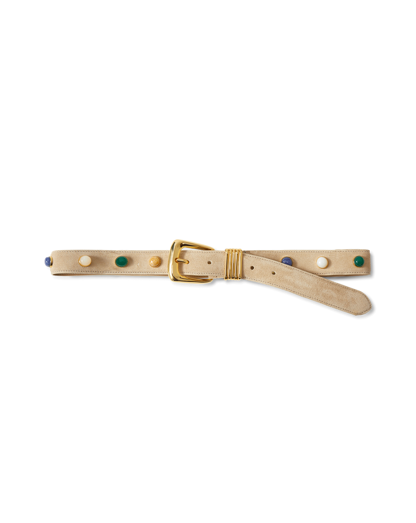 Veronica Beard Beige suede belt with a gold buckle and colorful stud embellishments.