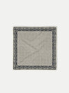 Veronica Beard White silk pocket square with black and purple geometric pattern.