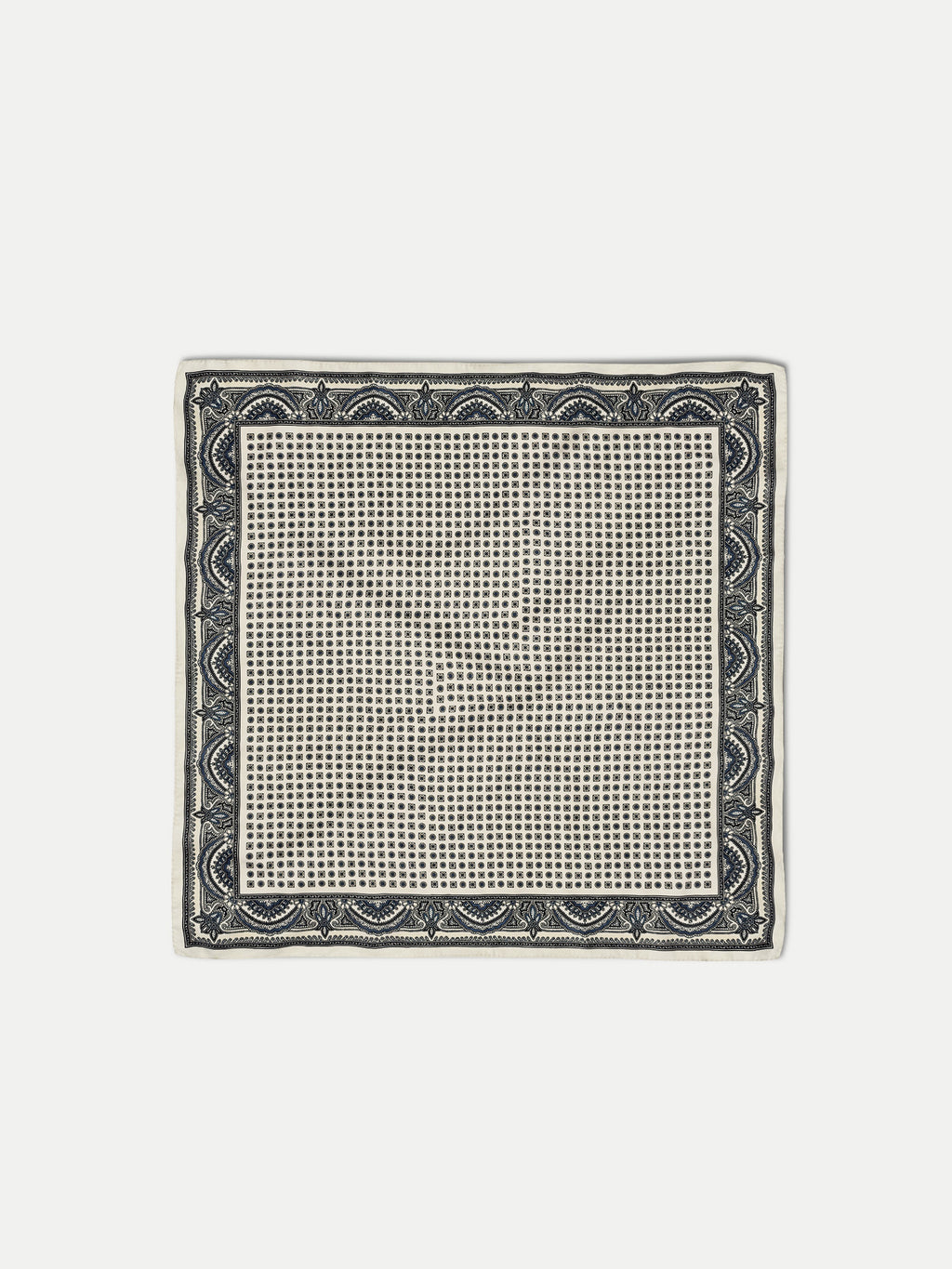 Veronica Beard White silk pocket square with black and purple geometric pattern.