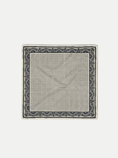 Veronica Beard White silk pocket square with black and purple geometric pattern.