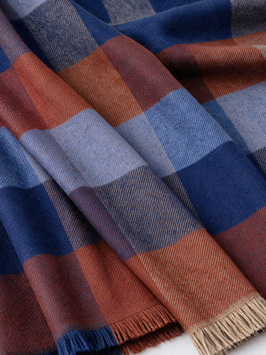 Veronica Beard Blue and rust plaid fringed scarf.