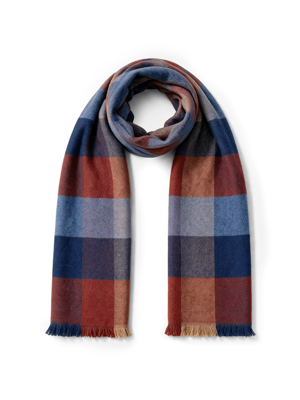 Veronica Beard Blue, red, and orange plaid fringed wool scarf.