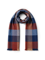 Veronica Beard Blue, red, and orange plaid fringed wool scarf.