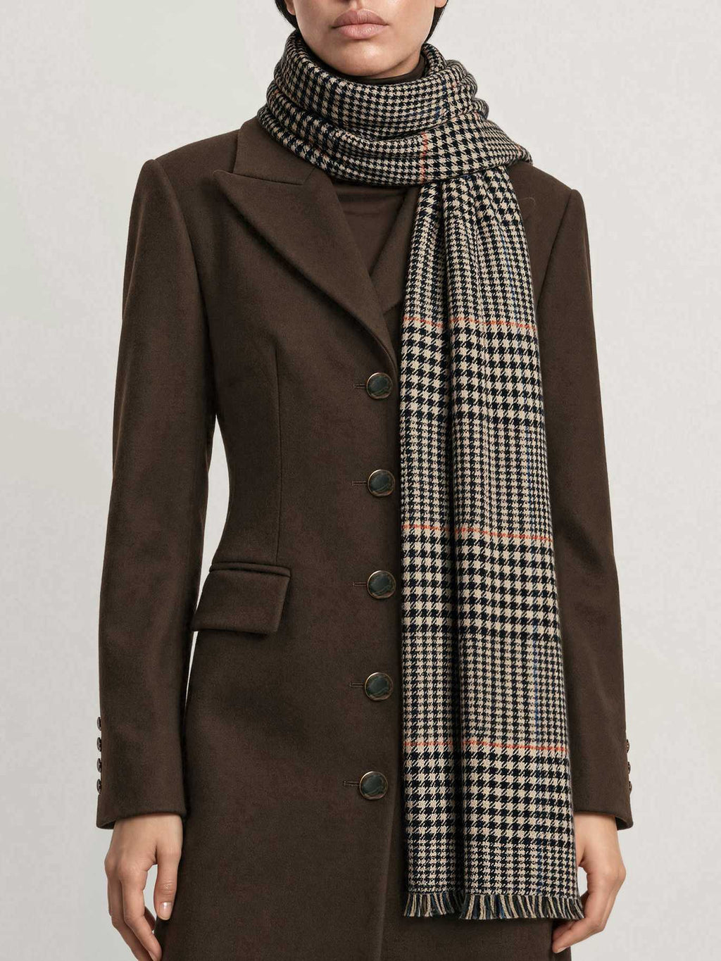 Veronica Beard Brown wool coat and houndstooth scarf.