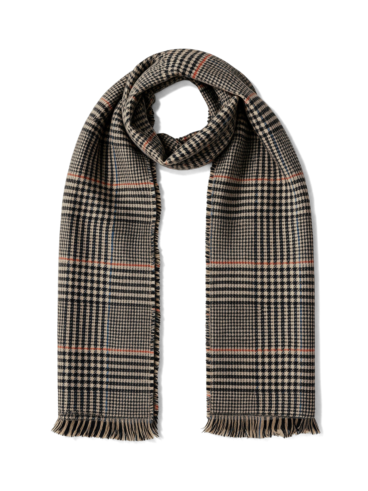 Veronica Beard Brown and black plaid fringed wool scarf.