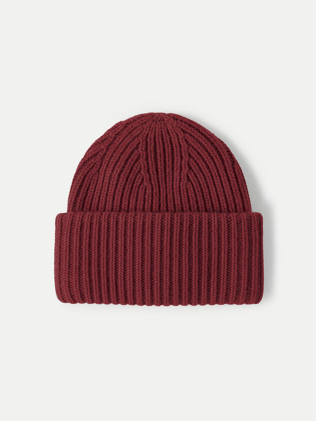 Veronica Beard Burgundy ribbed knit beanie with cuffed brim.