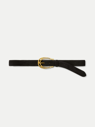 Veronica Beard Black suede belt with gold horseshoe buckle.