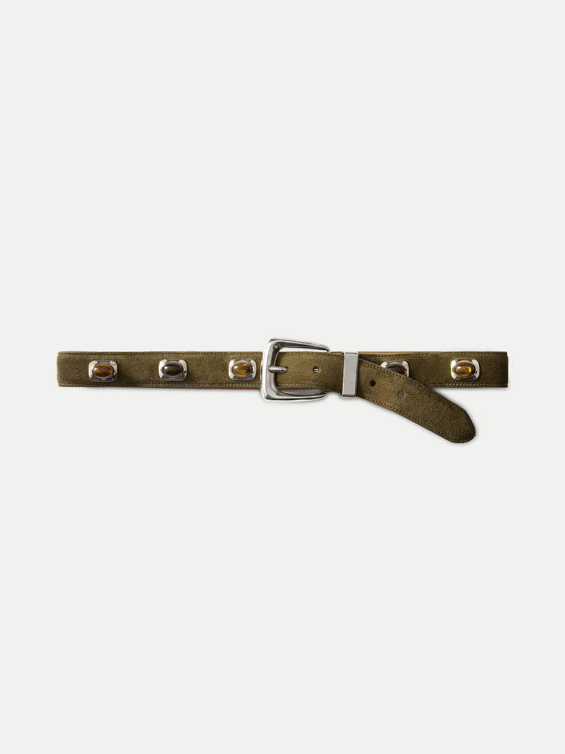 Veronica Beard Olive green suede belt with stone studs