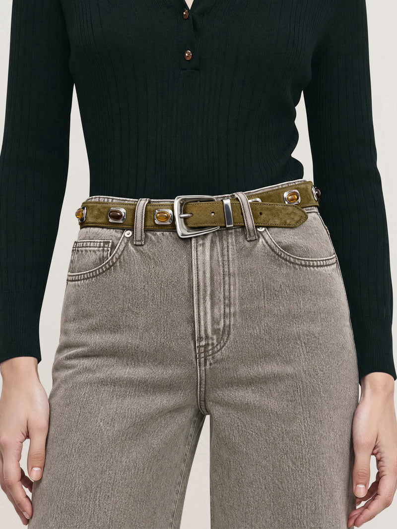 Veronica Beard Olive suede belt with silver buckle and amber stones.