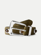 Veronica Beard Olive suede belt with silver buckle and brown studs.