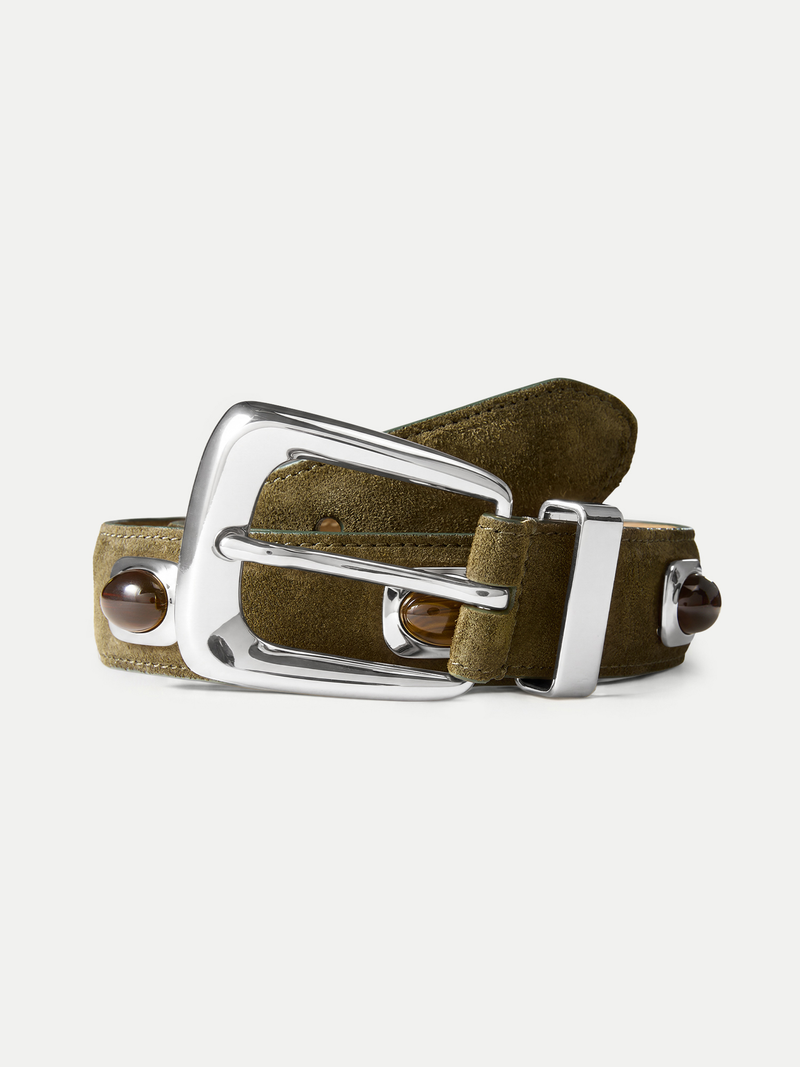 Veronica Beard Olive suede belt with silver buckle and brown studs.