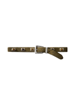 Veronica Beard Olive suede belt with amber-colored stone accents.
