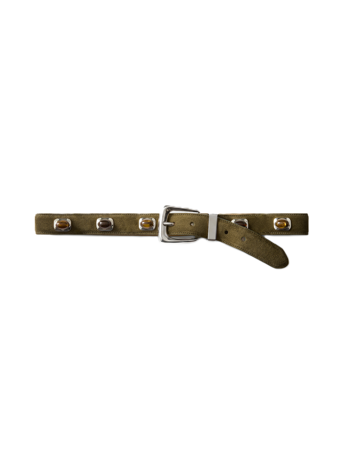 Veronica Beard Olive suede belt with amber-colored stone accents.