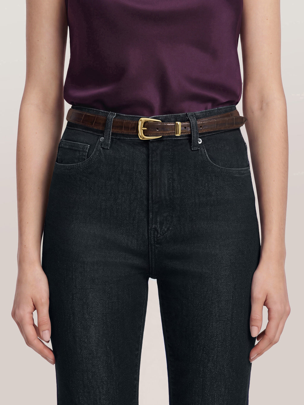 Veronica Beard Dark brown crocodile-embossed leather belt with a gold buckle.