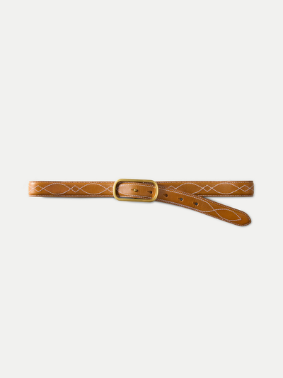 Veronica Beard Brown leather belt with white stitching and gold buckle.