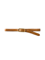 Veronica Beard Brown leather belt with gold buckle and white stitching.
