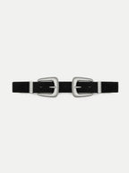 Veronica Beard Black suede belt with two silver buckles.