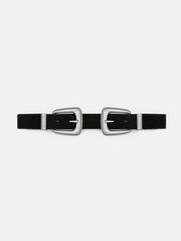 Veronica Beard Black suede belt with two silver buckles.