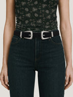 Veronica Beard Black double buckle belt with silver hardware.