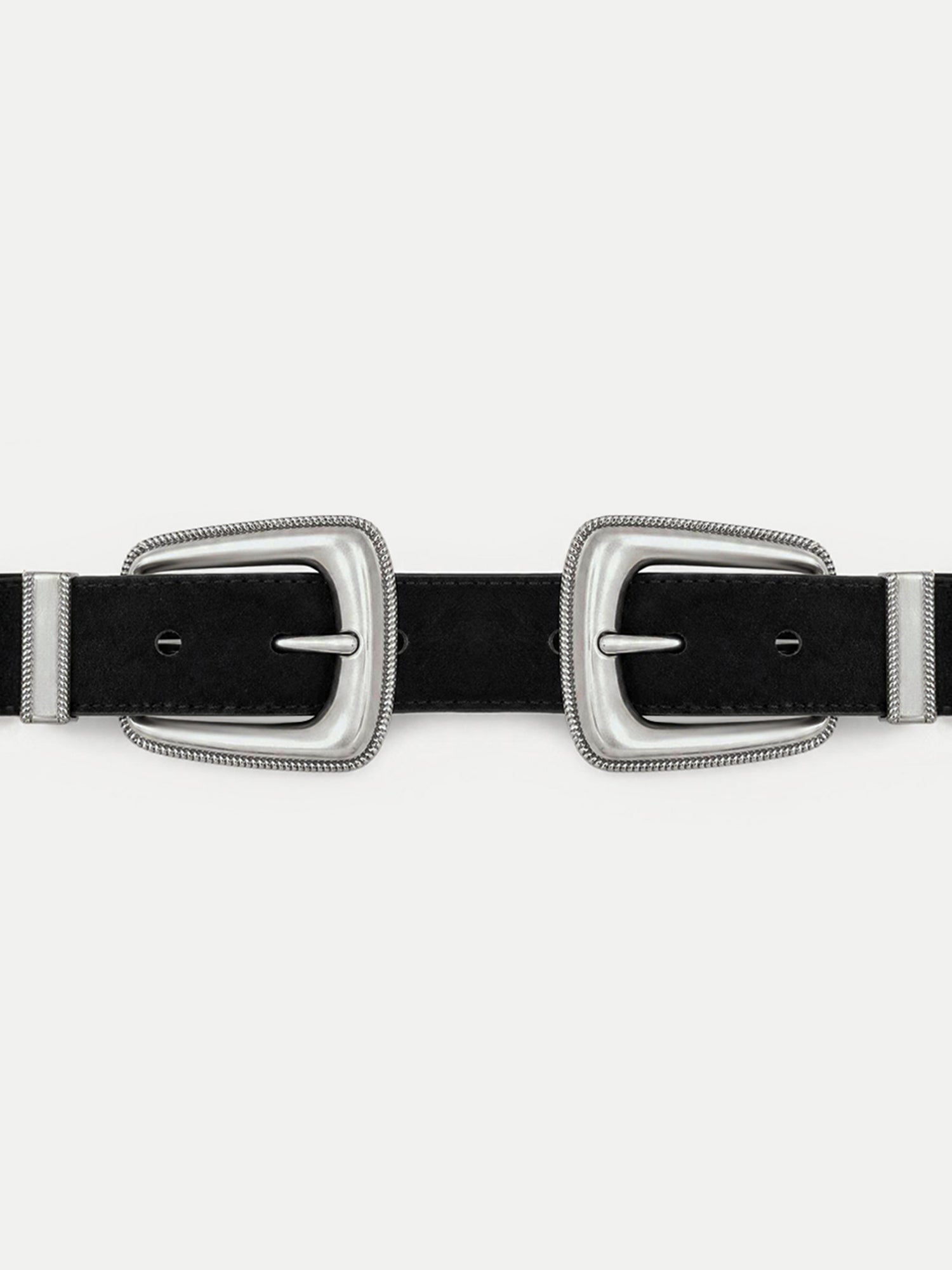 Veronica Beard Black suede belt with two silver buckles