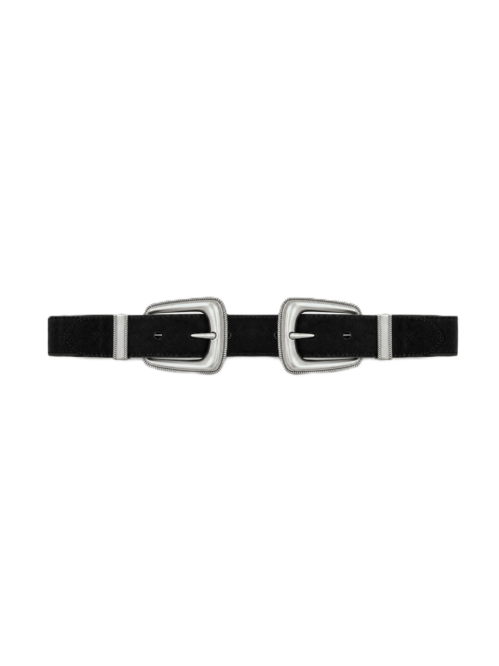 Veronica Beard Black suede belt with two silver buckles.