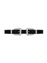 Veronica Beard Black suede belt with two silver buckles.