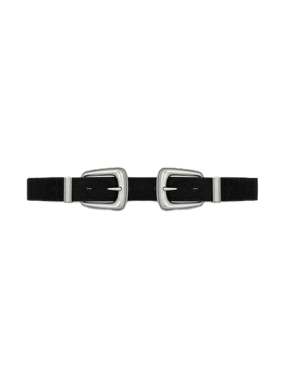 Veronica Beard Black suede belt with two silver buckles.