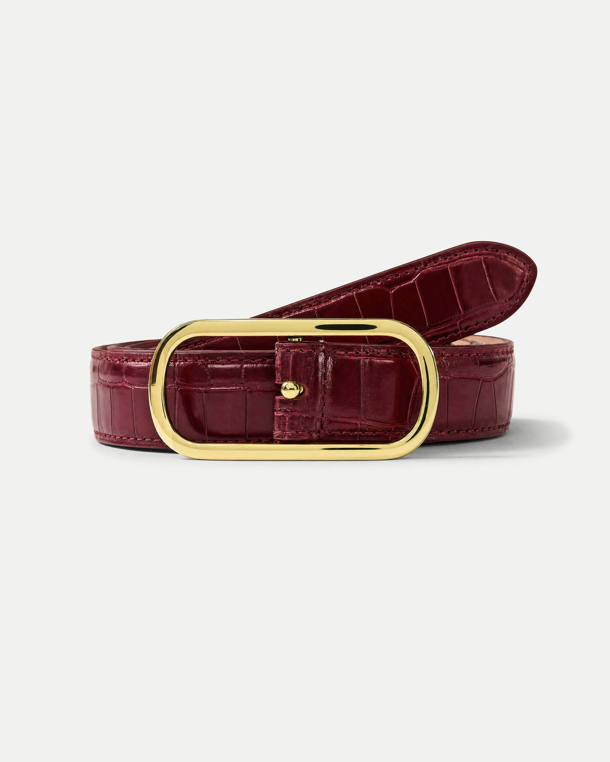 Veronica Beard Red crocodile-embossed leather belt with gold buckle.