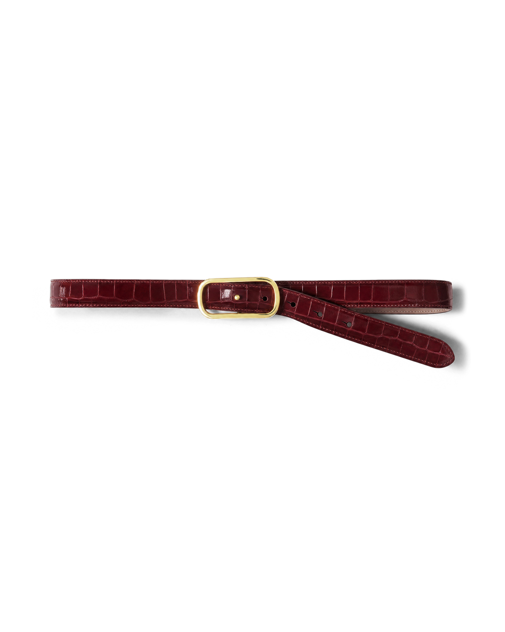 Veronica Beard Burgundy crocodile leather belt with gold buckle.