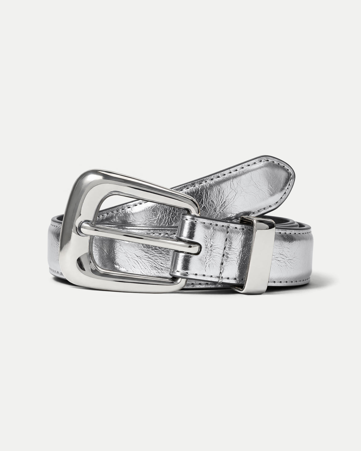 Veronica Beard Metallic silver leather belt with square buckle.