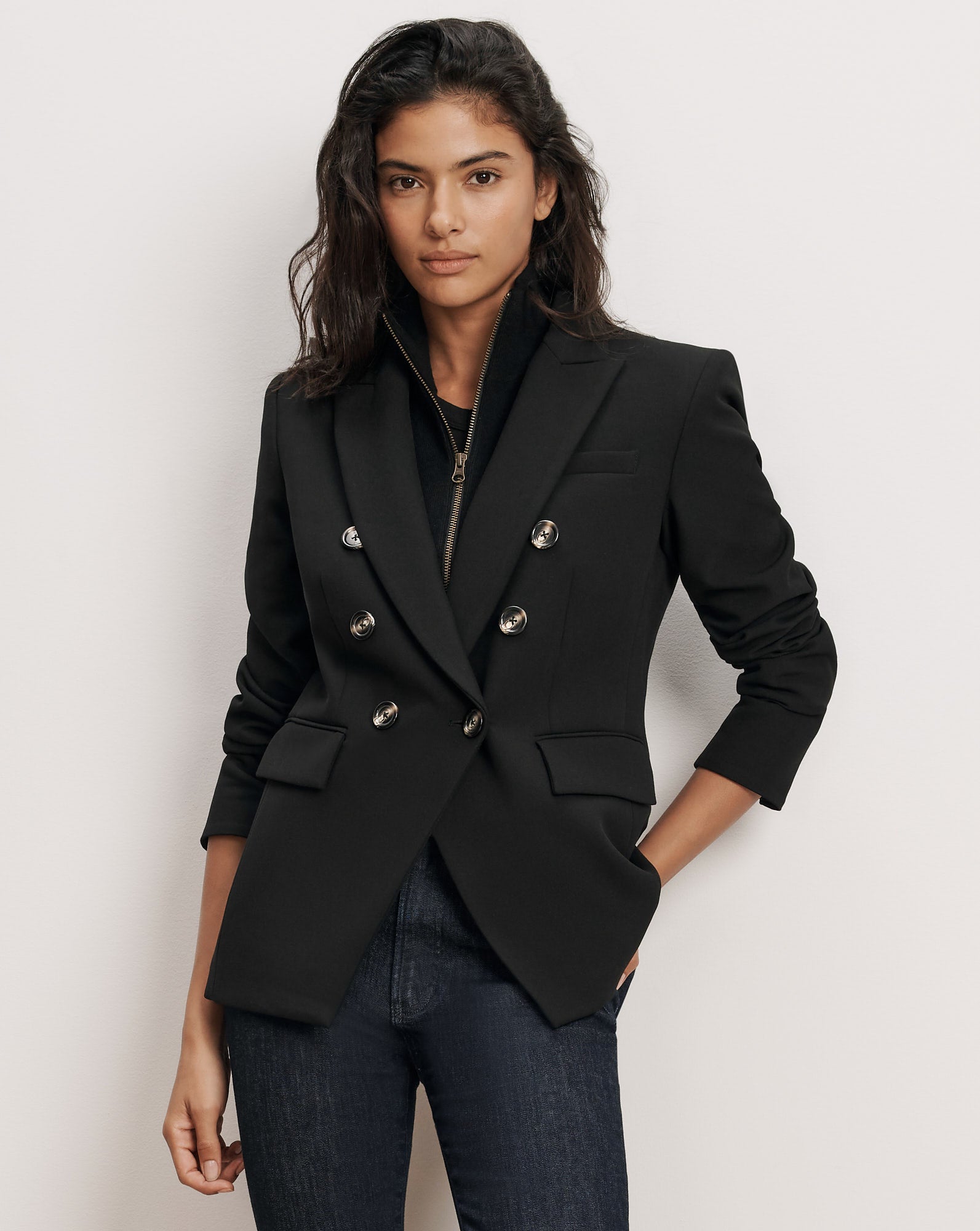 Veronica Beard Black double-breasted blazer with silver buttons.