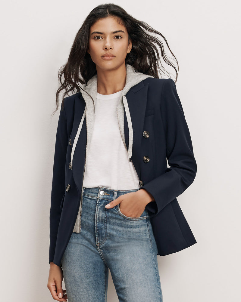Veronica Beard Navy double-breasted blazer with gray hoodie insert.