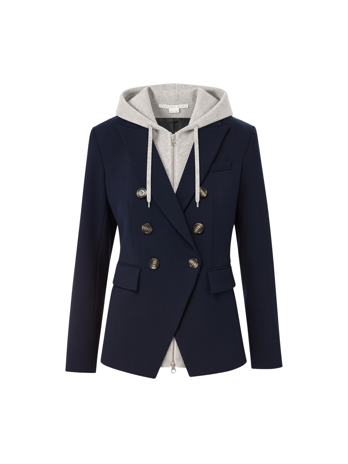 Veronica Beard Navy double-breasted blazer with an attached gray hooded insert.