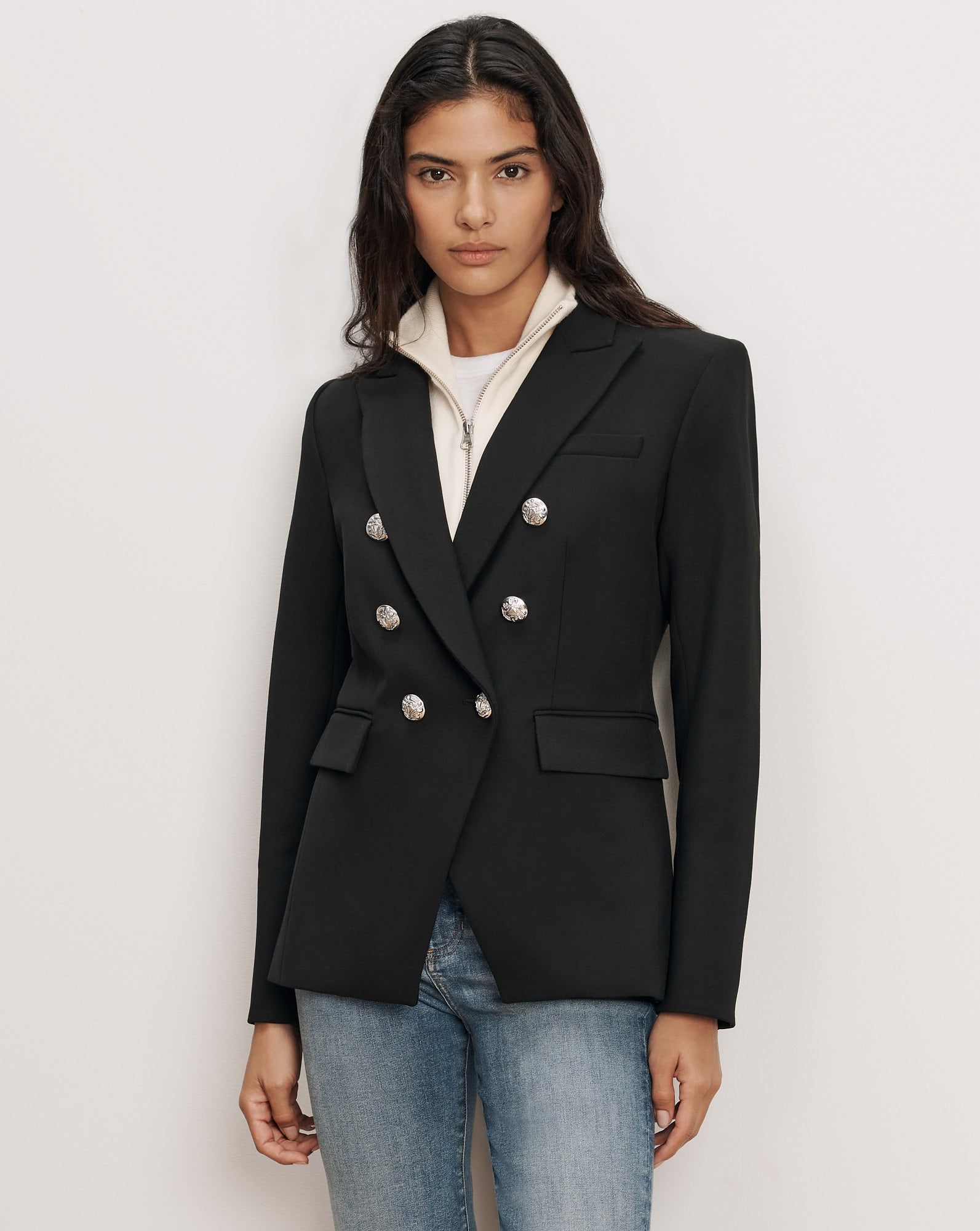 {{ outfit: core-miller-black-silver-1 }} ## Veronica Beard Miller Dickey Jacket - Black/Silver
