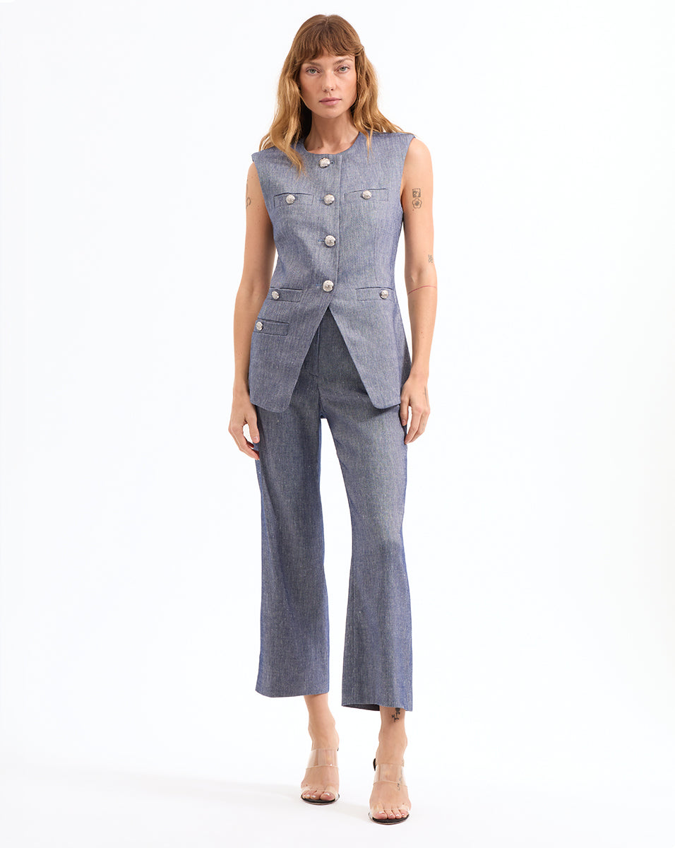 Veronica Beard Aubrie Cropped Wide-Leg Pant - Blue Melange