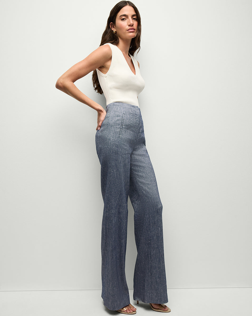 Veronica Beard Jude Linen Wide-Leg Pant - Blue Melange