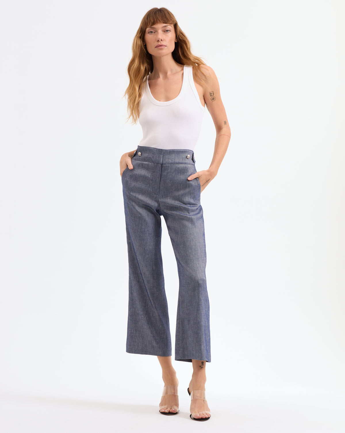 Veronica Beard Aubrie Cropped Wide-Leg Pant - Blue Melange