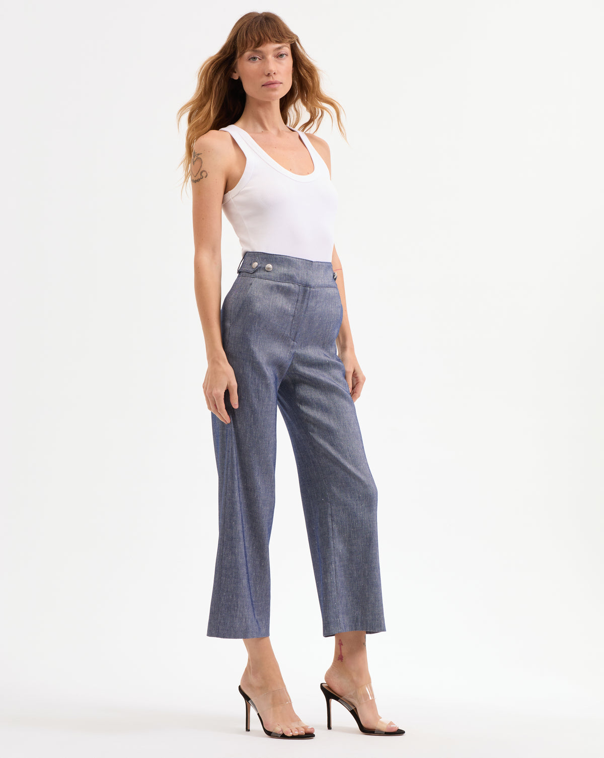 Veronica Beard Aubrie Cropped Wide-Leg Pant - Blue Melange