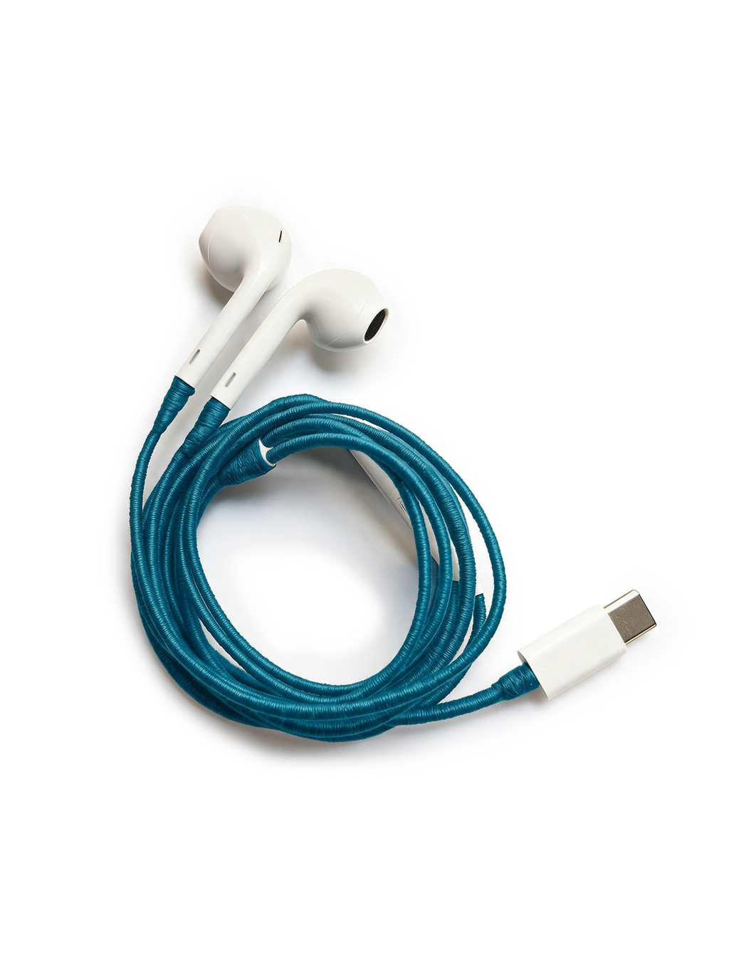 Veronica Beard White earbuds with a teal braided cord and USB-C connector.