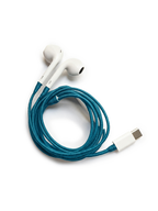 Veronica Beard White earbuds with a teal braided cord and USB-C connector.