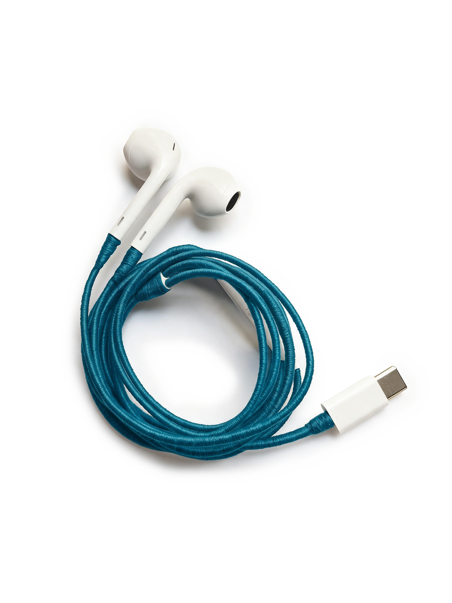 Veronica Beard White earbuds with a teal braided cord and USB-C connector.