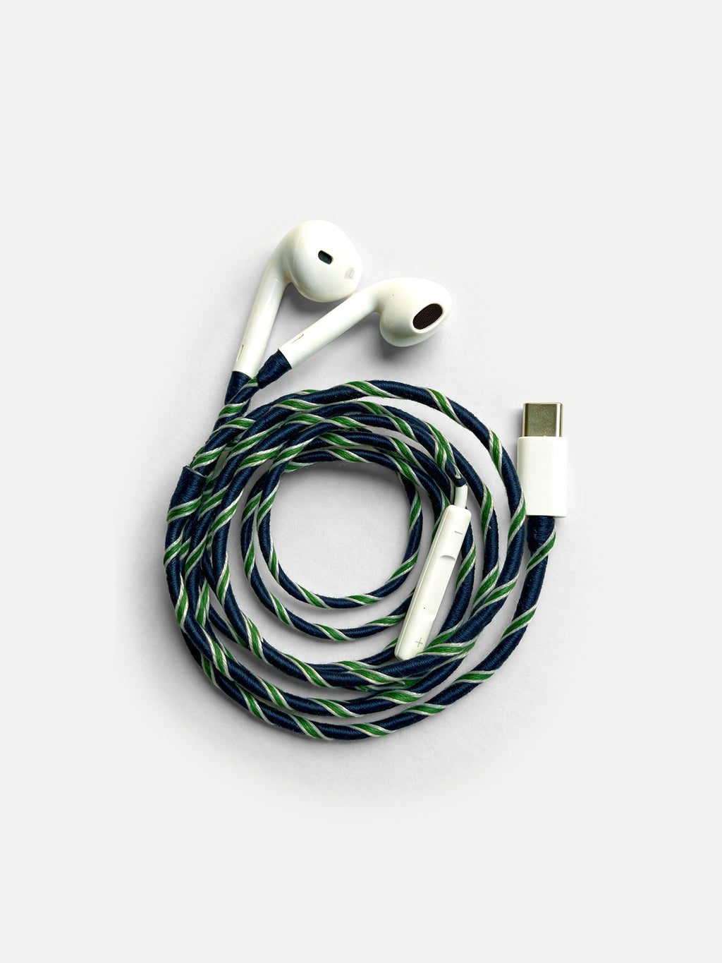 Veronica Beard White earbuds with blue and green braided cord.