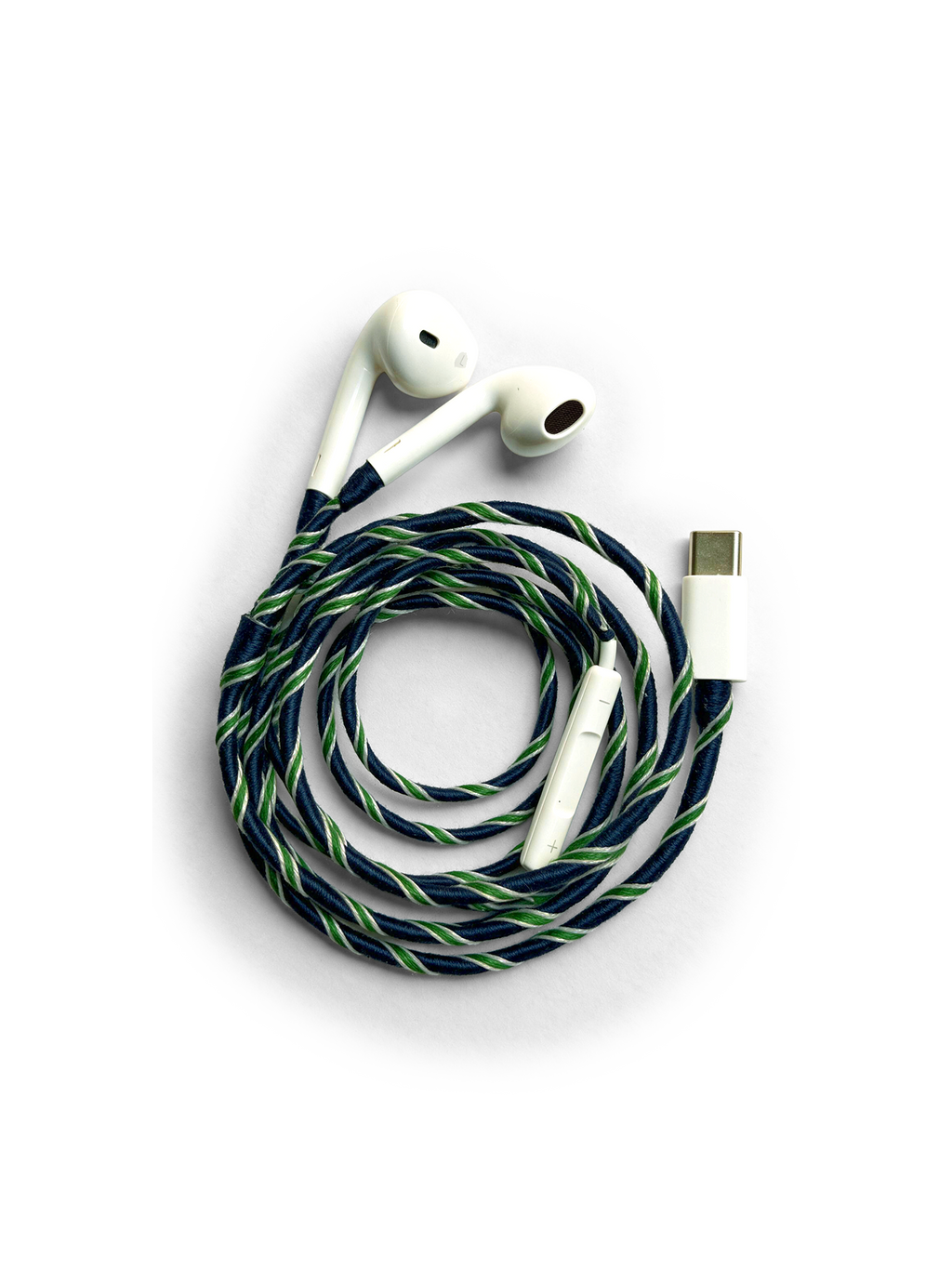 Veronica Beard White earbuds with a blue and green braided cord.