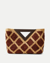 Veronica Beard Brown and tan crocheted raffia tote bag with a dark brown triangular handle.