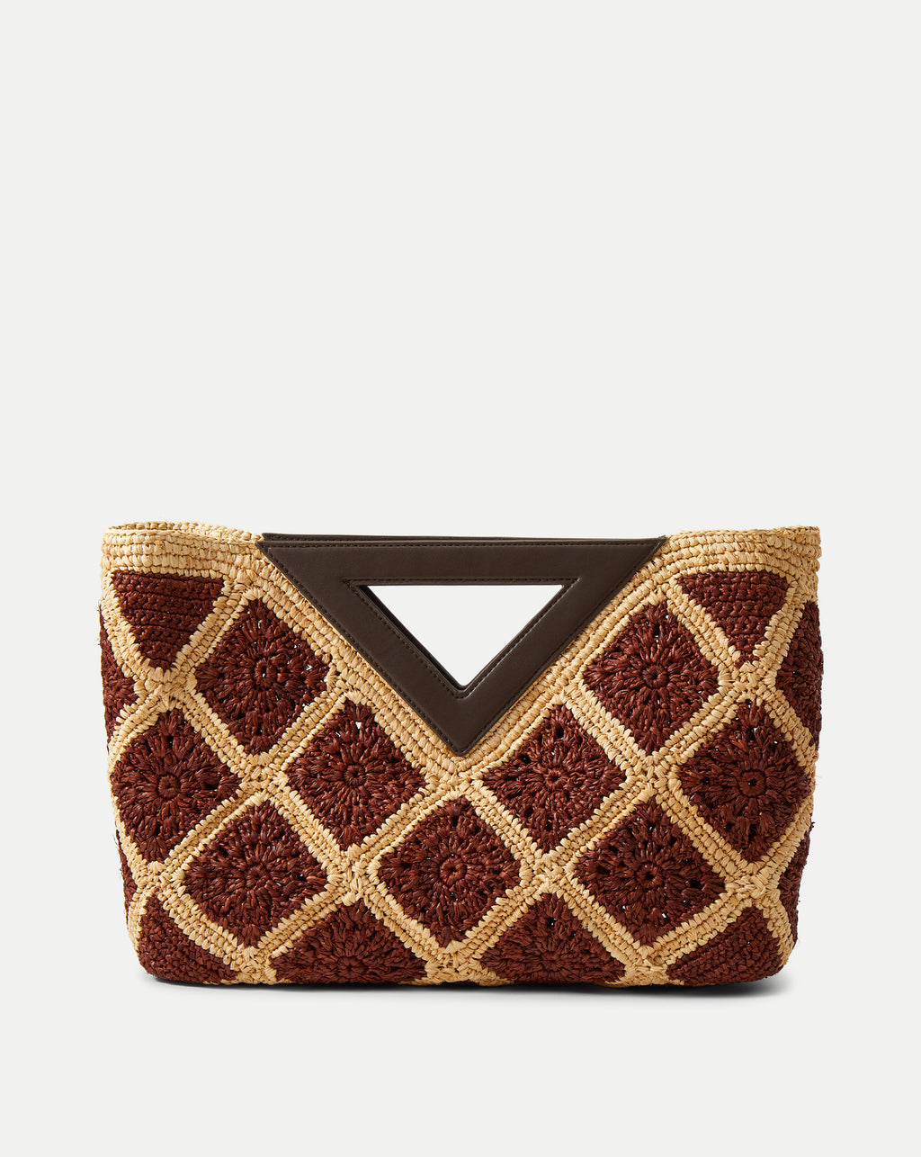 Veronica Beard Brown and tan crocheted raffia tote bag with a dark brown triangular handle.