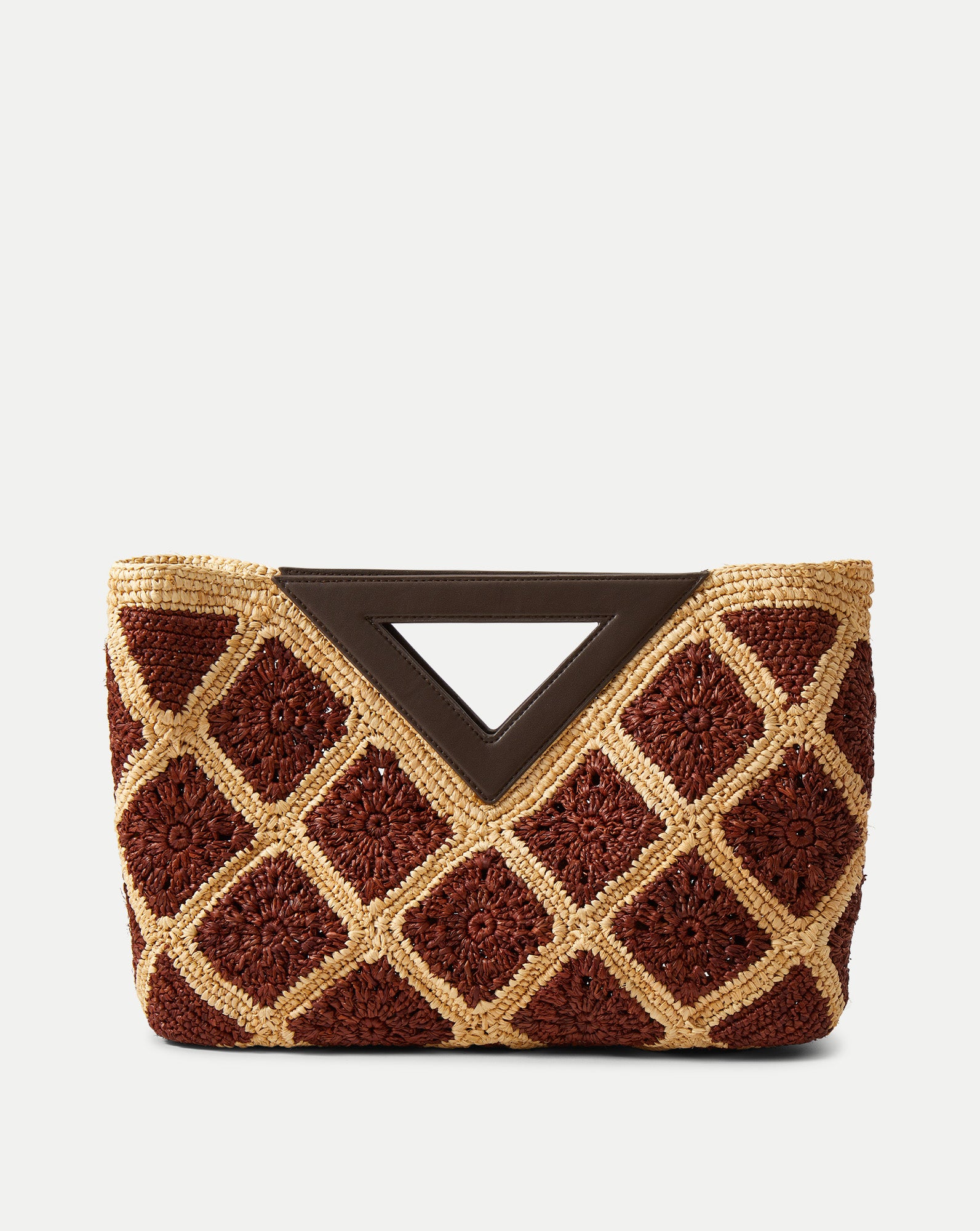 Veronica Beard Brown and tan crocheted raffia tote bag with a dark brown triangular handle.