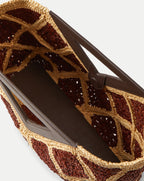 Veronica Beard Brown and tan woven raffia tote bag with dark brown leather trim and handles.